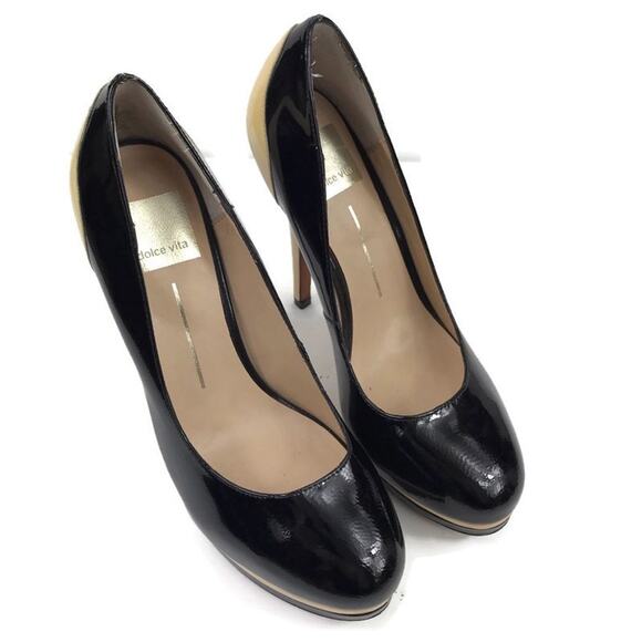 Dolce Vita Patent Leather Beige Black High Heels Shoes Womens Sz 6.5M - Picture 1 of 9